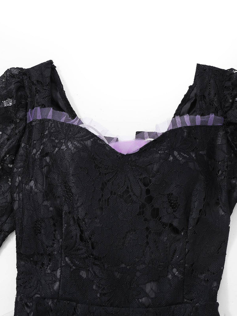 Black 1950s Gothic Witch Bride Lace Embroidered Dress