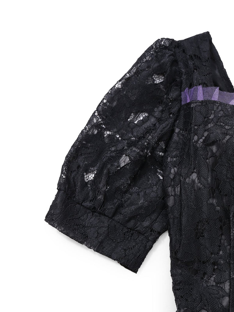 Black 1950s Gothic Witch Bride Lace Embroidered Dress