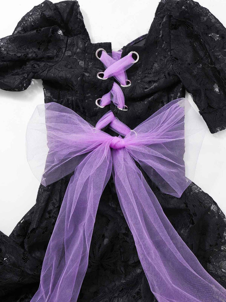 Black 1950s Gothic Witch Bride Lace Embroidered Dress
