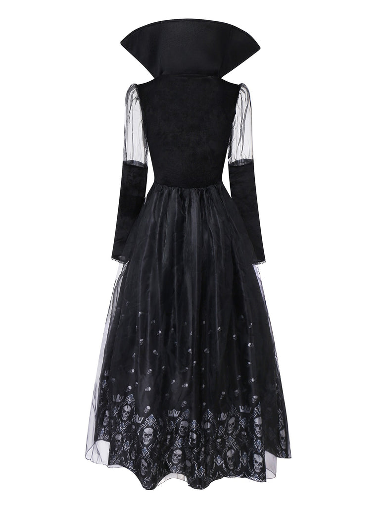 Black 1980s Queen Skull Long Sleeve Mesh Dress