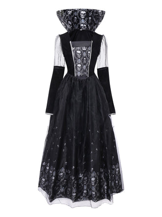 Black 1980s Queen Skull Long Sleeve Mesh Dress