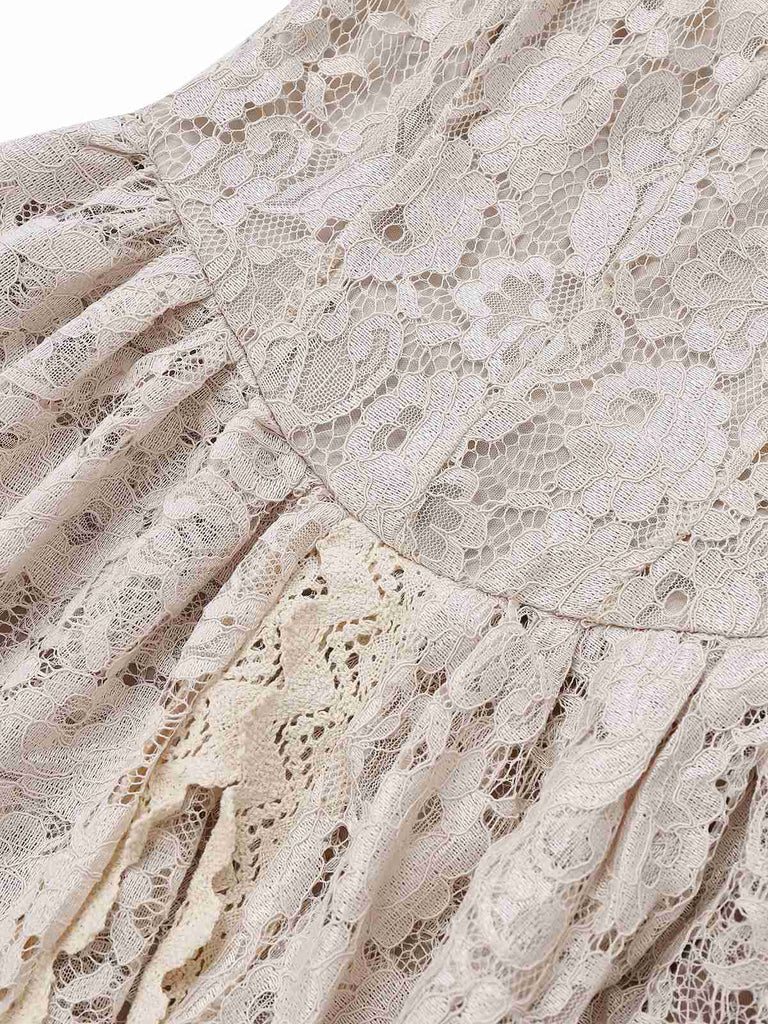 Beige 1930s Halloween Vampire Bride Lace Dress Set