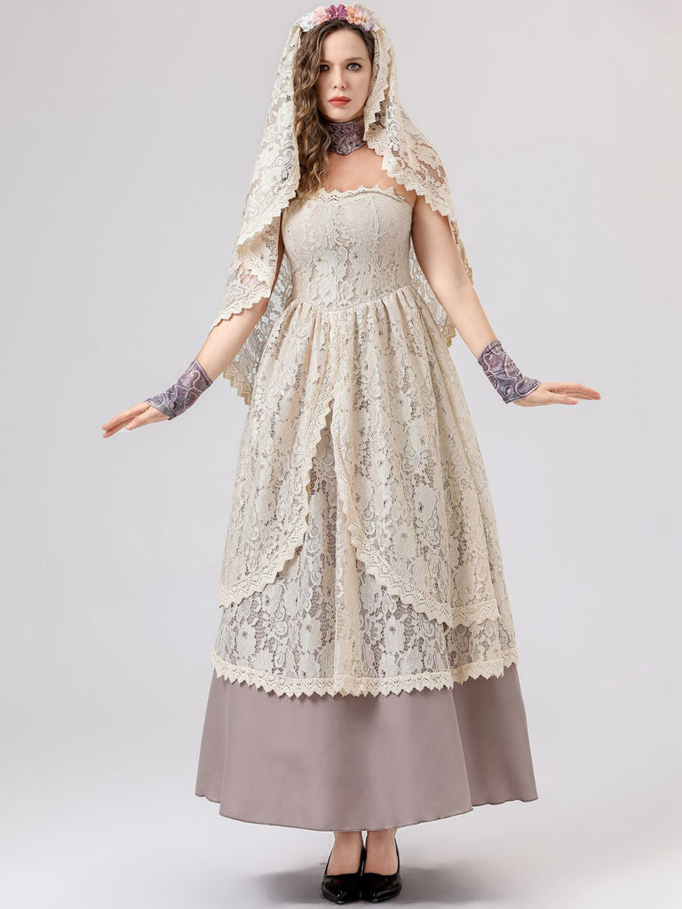 Beige 1930s Halloween Vampire Bride Lace Dress Set