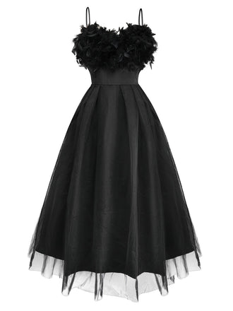 Black 1930s Solid 3D Feather Mesh Dress