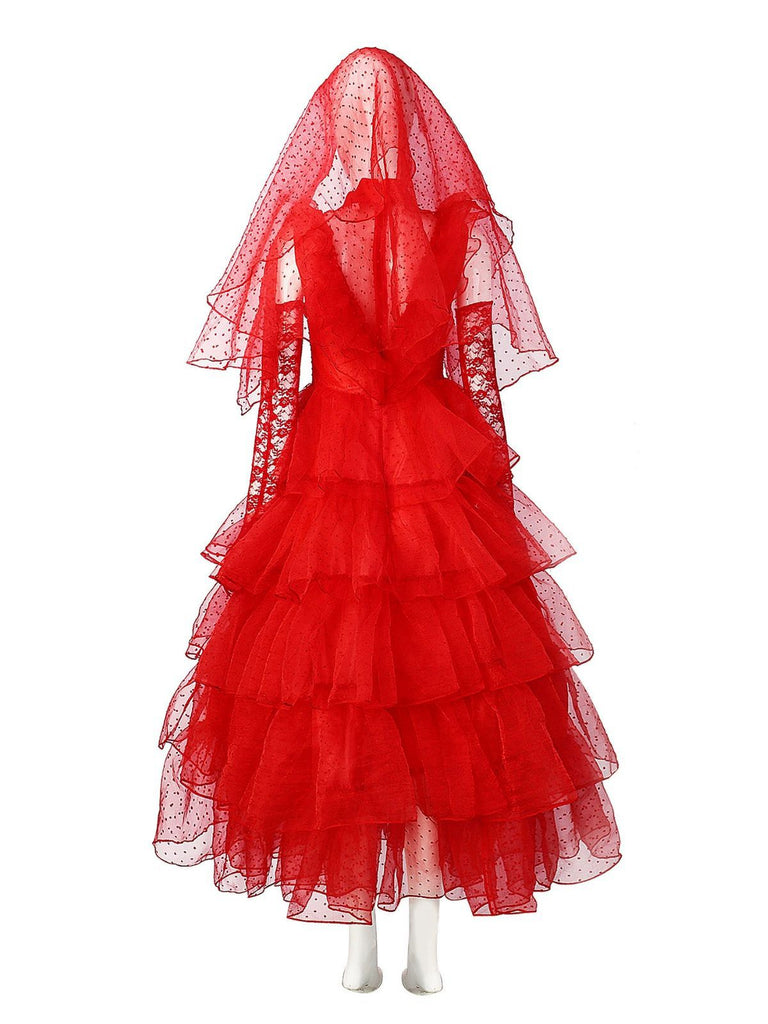 Red 1950s Halloween Ghost Bride Dots Dress Set