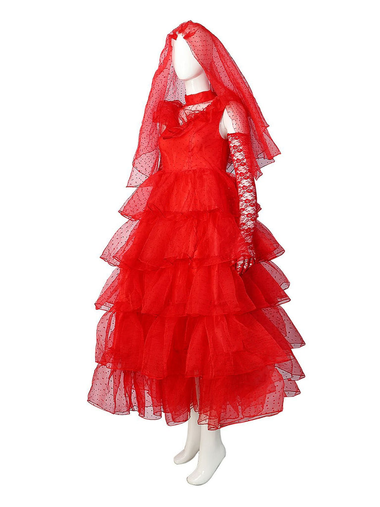 Red 1950s Halloween Ghost Bride Dots Dress Set