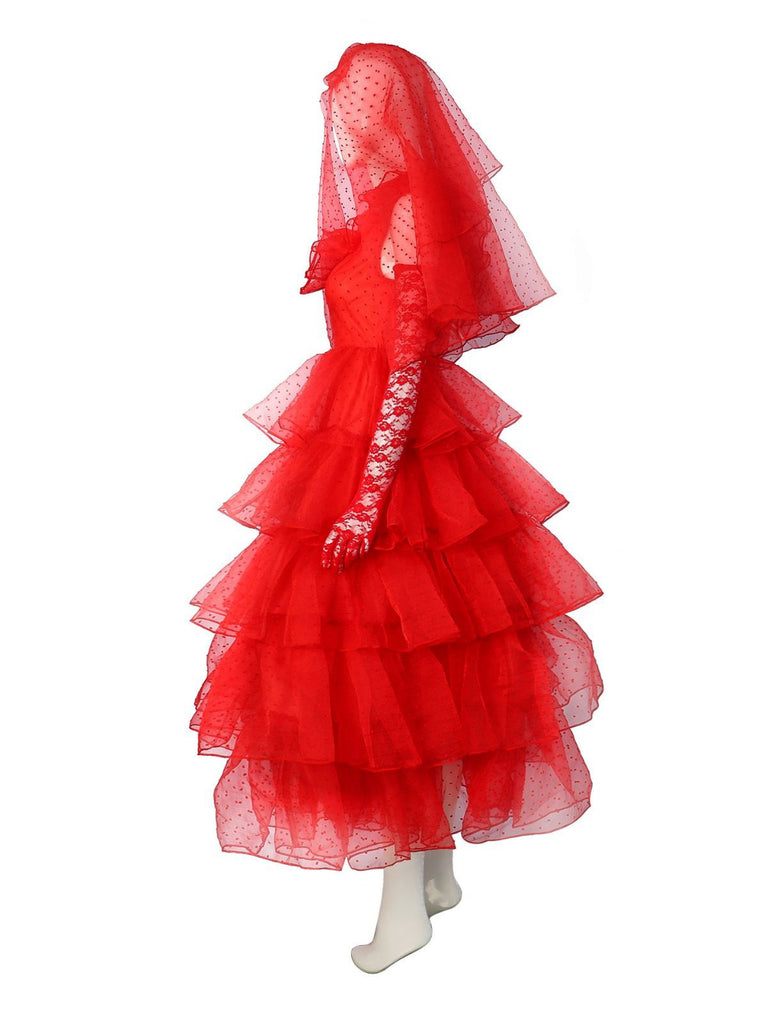 Red 1950s Halloween Ghost Bride Dots Dress Set