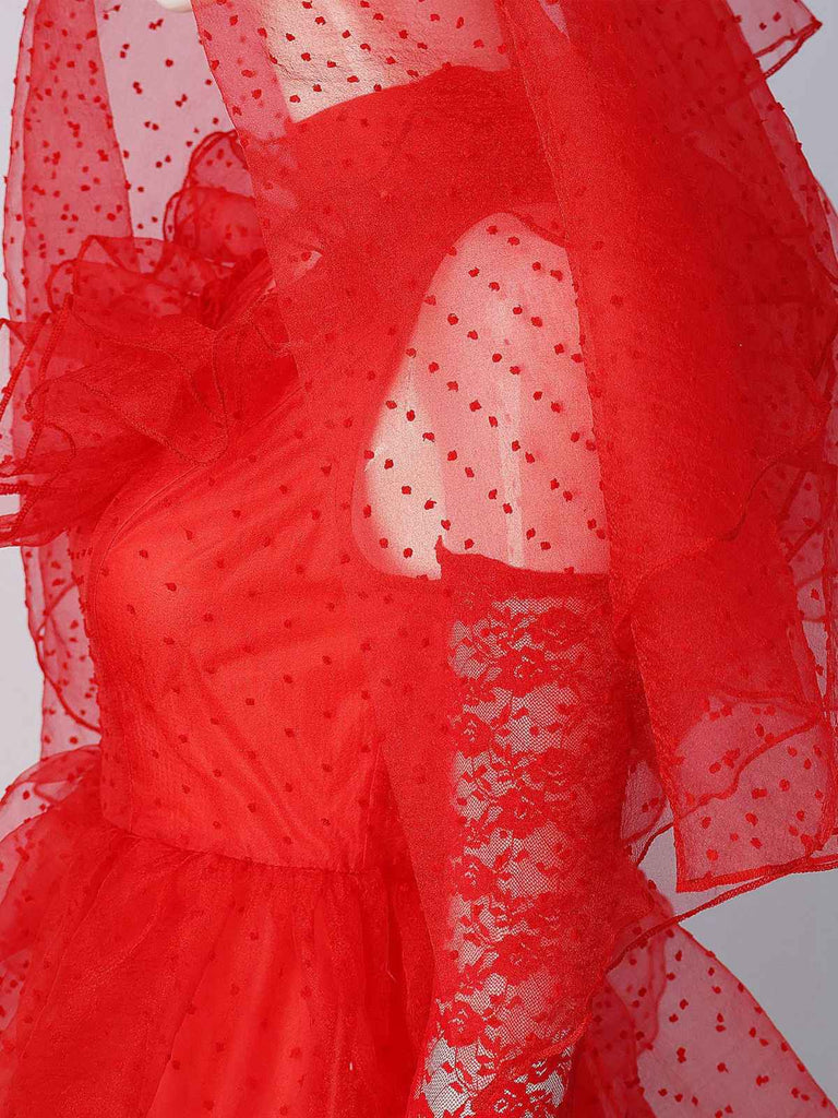 Red 1950s Halloween Ghost Bride Dots Dress Set