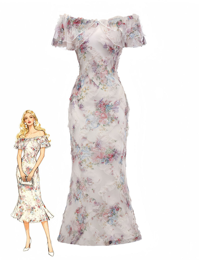 Multicolor 1930s Floral Mesh Off-Shoulder Maxi Dress