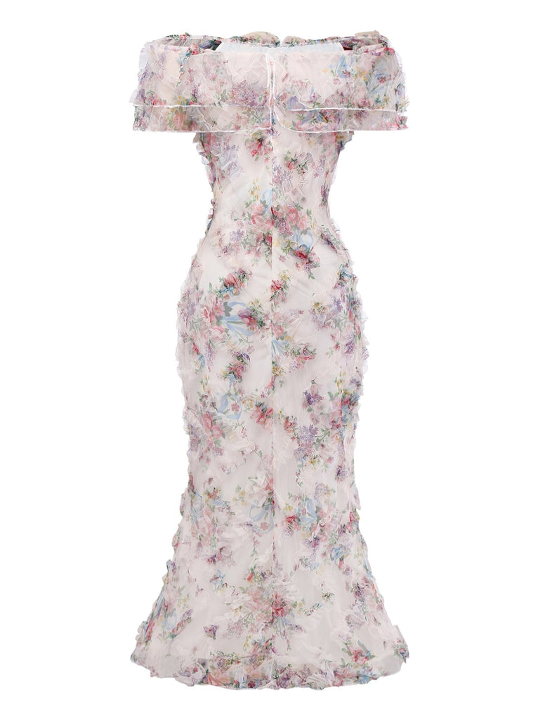 Multicolor 1930s Floral Mesh Off-Shoulder Maxi Dress