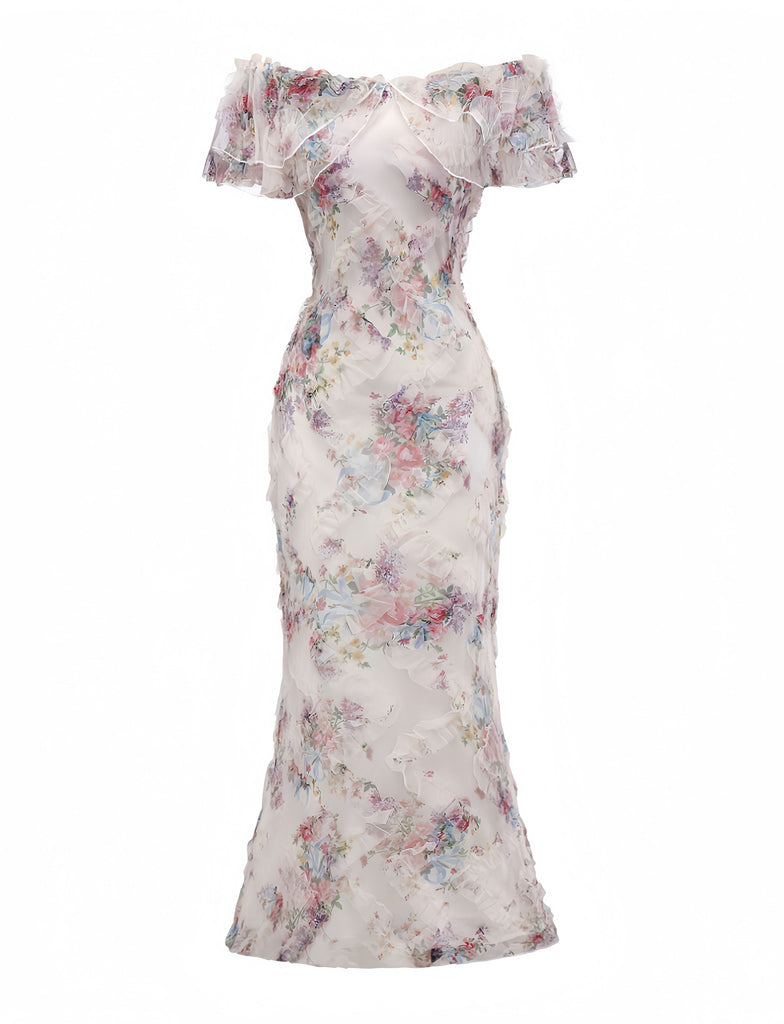 Multicolor 1930s Floral Mesh Off-Shoulder Maxi Dress