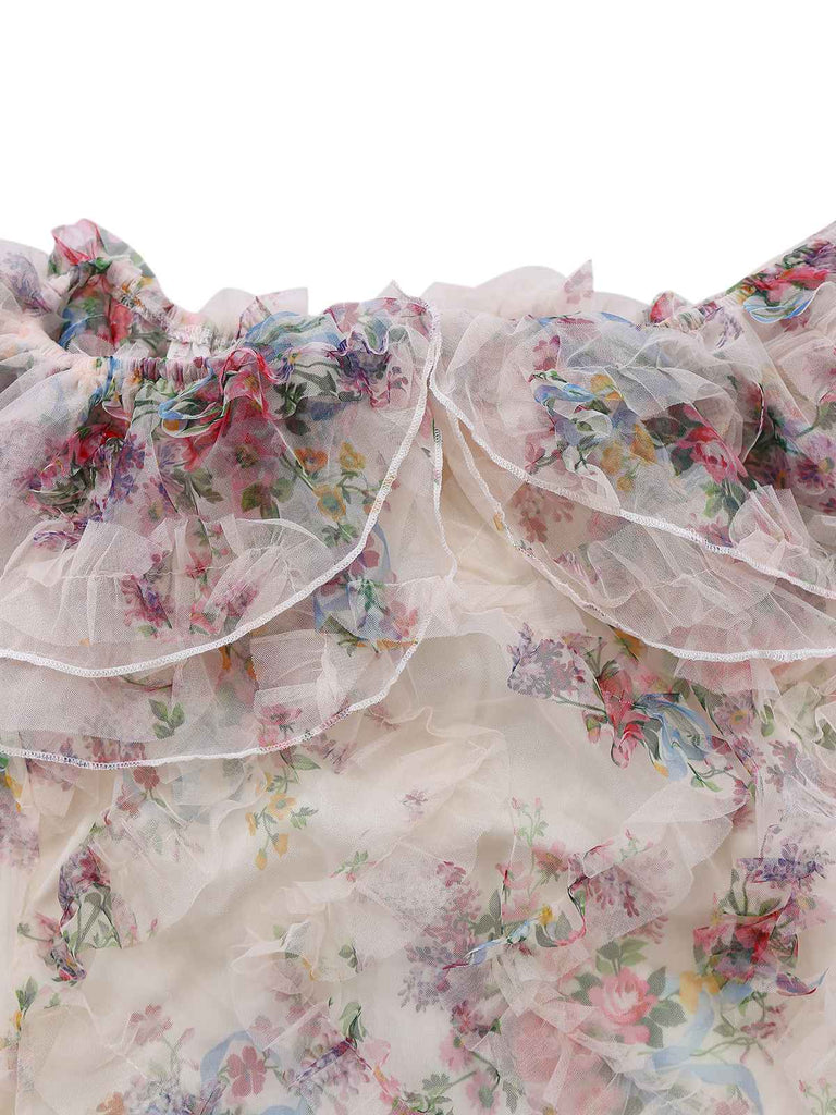 Multicolor 1930s Floral Mesh Off-Shoulder Maxi Dress
