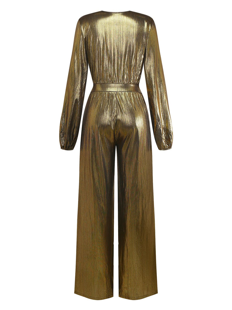 Gold 1930s Metallic Fabric V-Neck Jumpsuit
