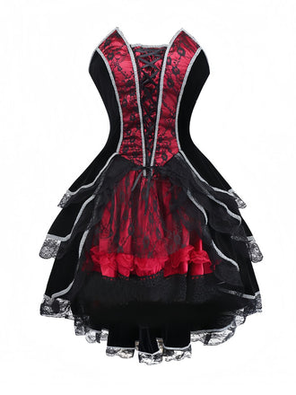 Red 1970s Bat Strapless Lace High-Low Hem Dress