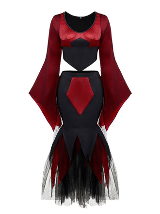 2PCS Red 1930s Wicked Cheetah Mesh Top & Mermaid Skirt