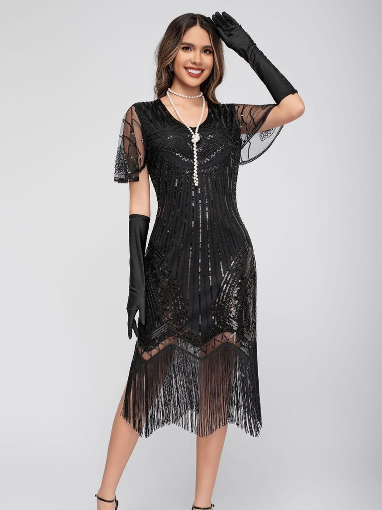 1920s Scoop Neck Sequin Tassels Charleston Dress