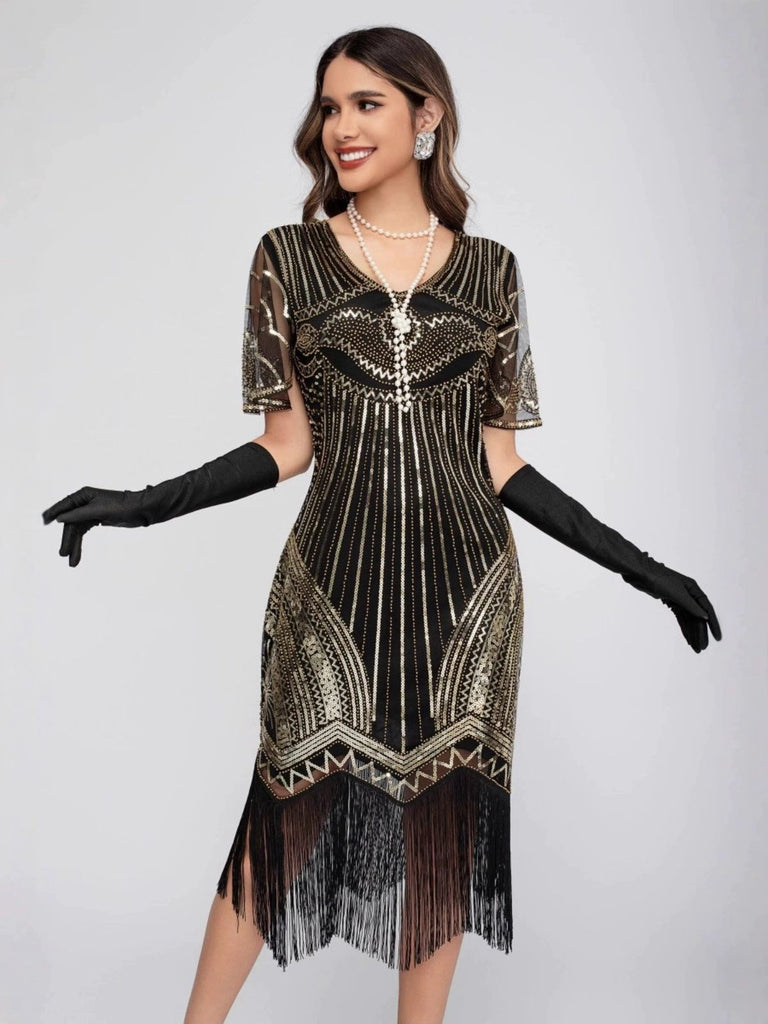 1920s Scoop Neck Sequin Tassels Charleston Dress