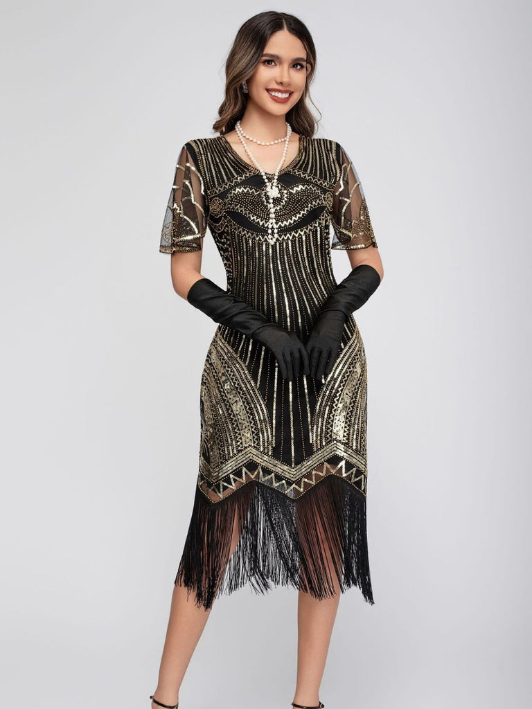 1920s Scoop Neck Sequin Tassels Charleston Dress