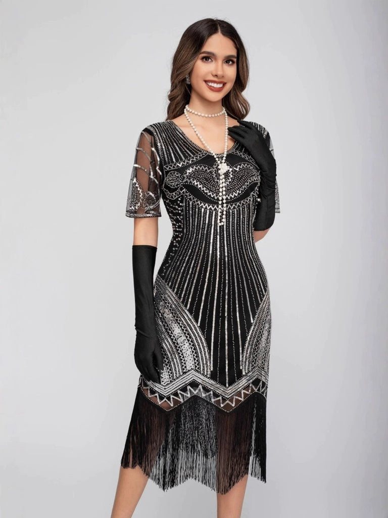 1920s Scoop Neck Sequin Tassels Charleston Dress