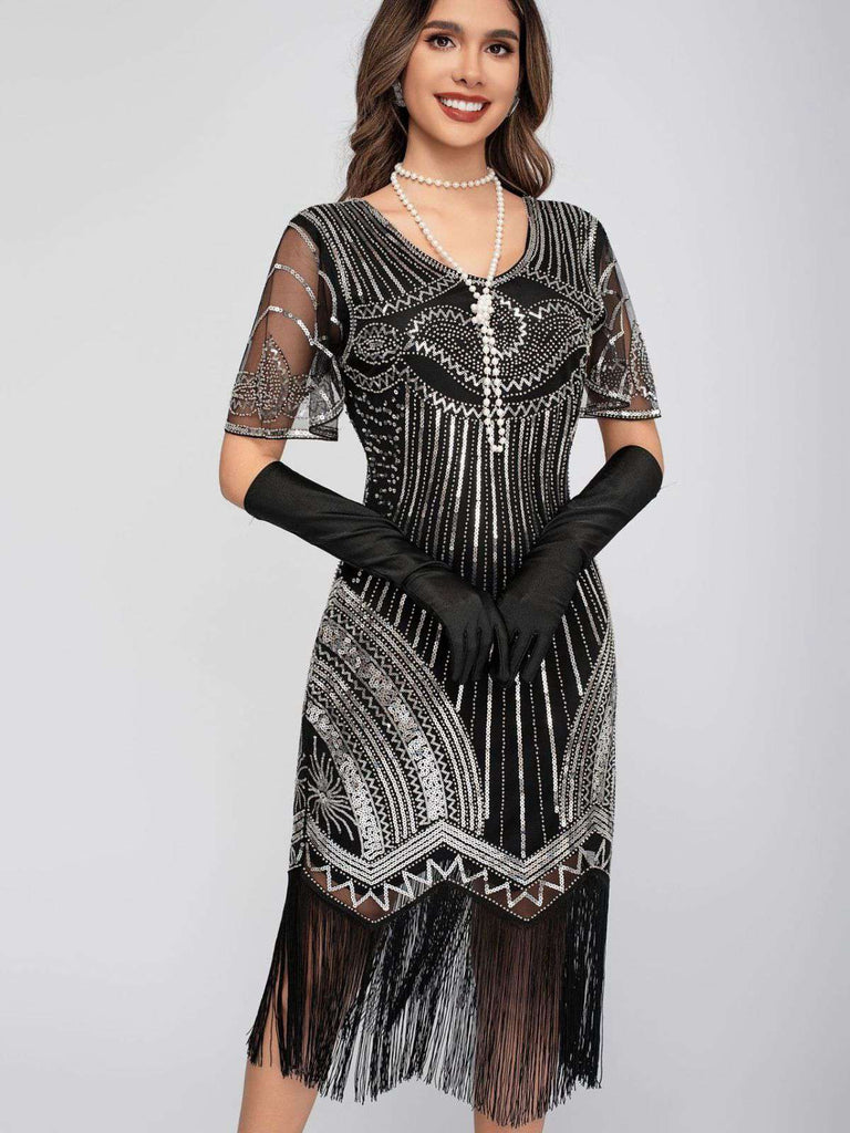 1920s Scoop Neck Sequin Tassels Charleston Dress