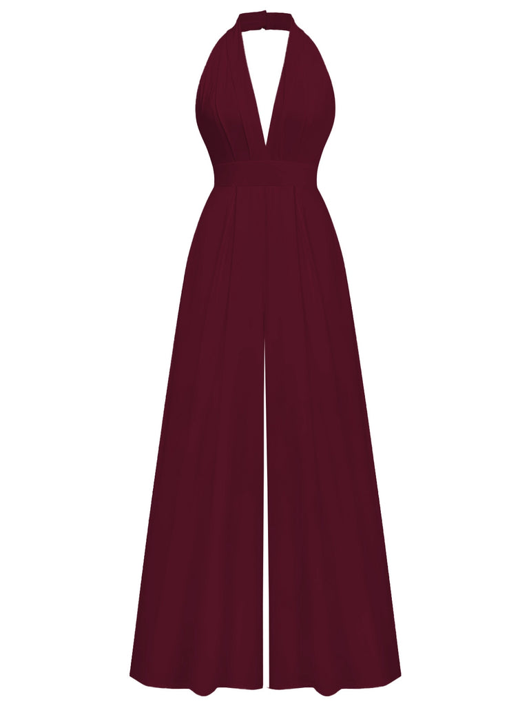 1970s Deep V-Neck Solid Super Wideleg Jumpsuit