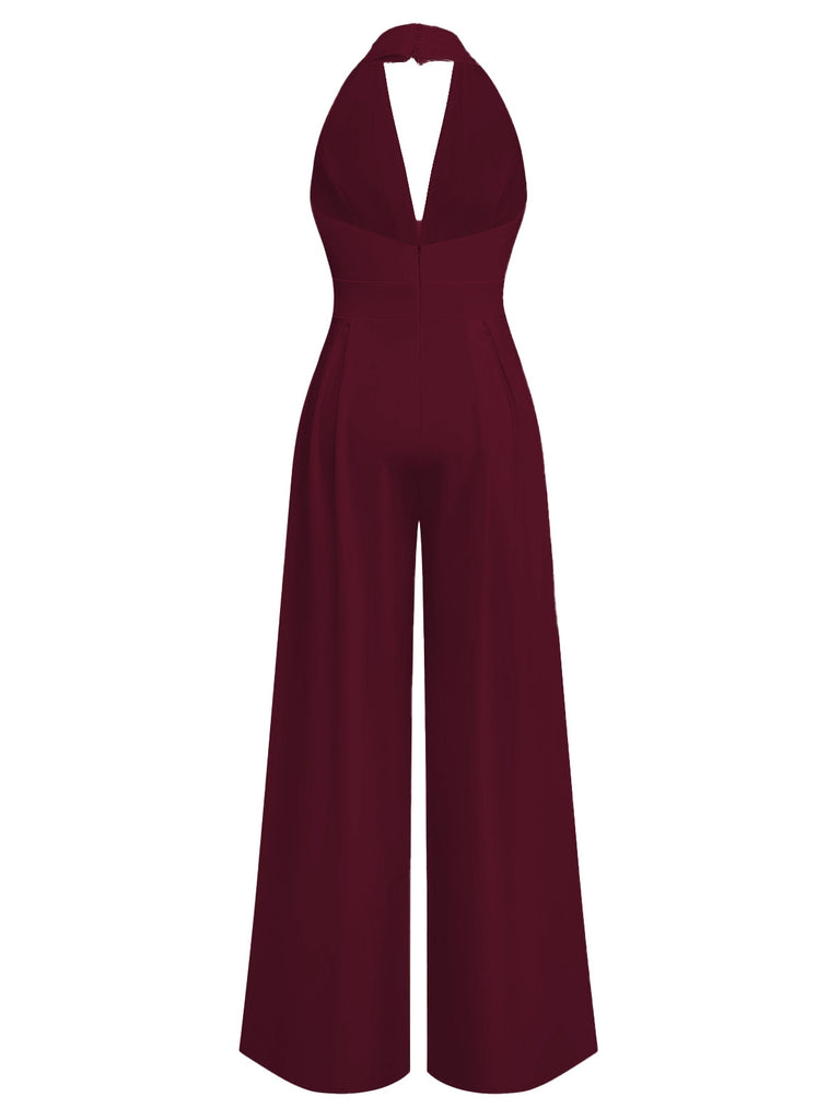 1970s Deep V-Neck Solid Super Wideleg Jumpsuit
