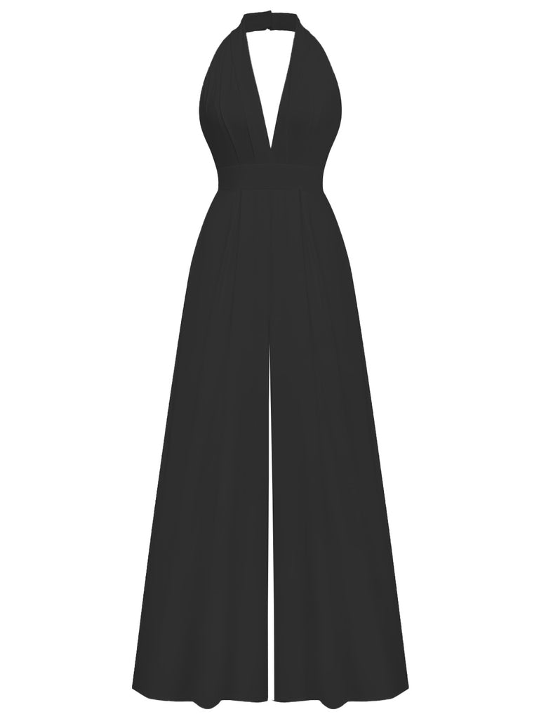 1970s Deep V-Neck Solid Super Wideleg Jumpsuit