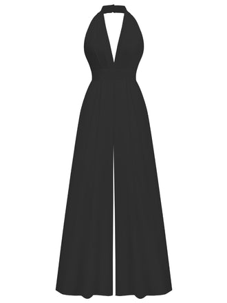 1970s Deep V-Neck Solid Super Wideleg Jumpsuit