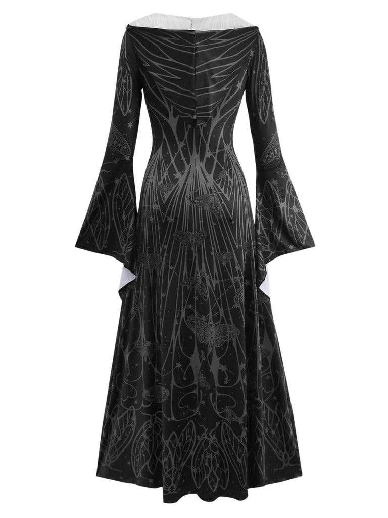 1980s Gothic Witch Bat Sleeve Hooded Dress