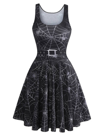 Black 1950s Halloween Spider Web Sleeveless Dress