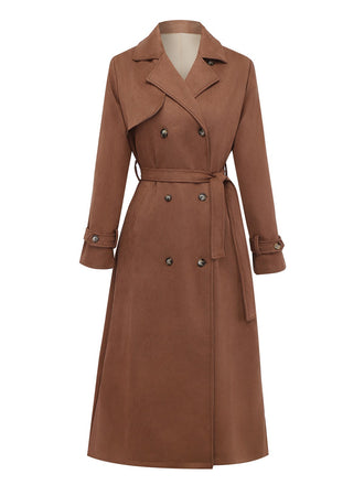Brown 1950s Suede Lapel Double-Breasted Trench Coat