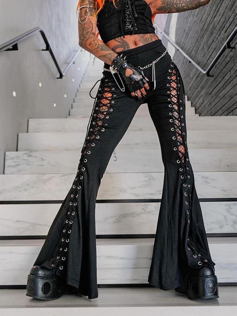 Black 1980s Punk Drawstring Laced Bootcut Pants