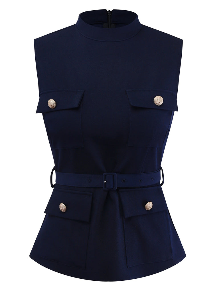 [Pre-Sale] 2PCS Blue & White 1950s Multi-Pocket Top & Pleated Skirt