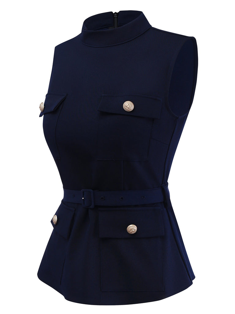 [Pre-Sale] 2PCS Blue & White 1950s Multi-Pocket Top & Pleated Skirt