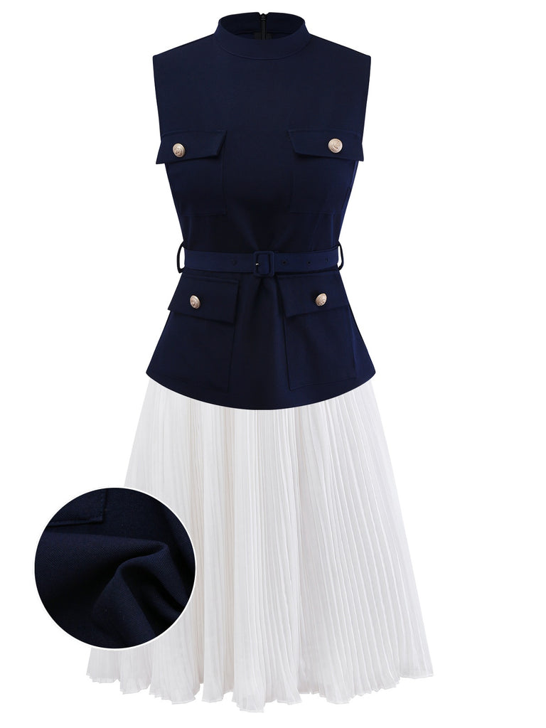 [Pre-Sale] 2PCS Blue & White 1950s Multi-Pocket Top & Pleated Skirt