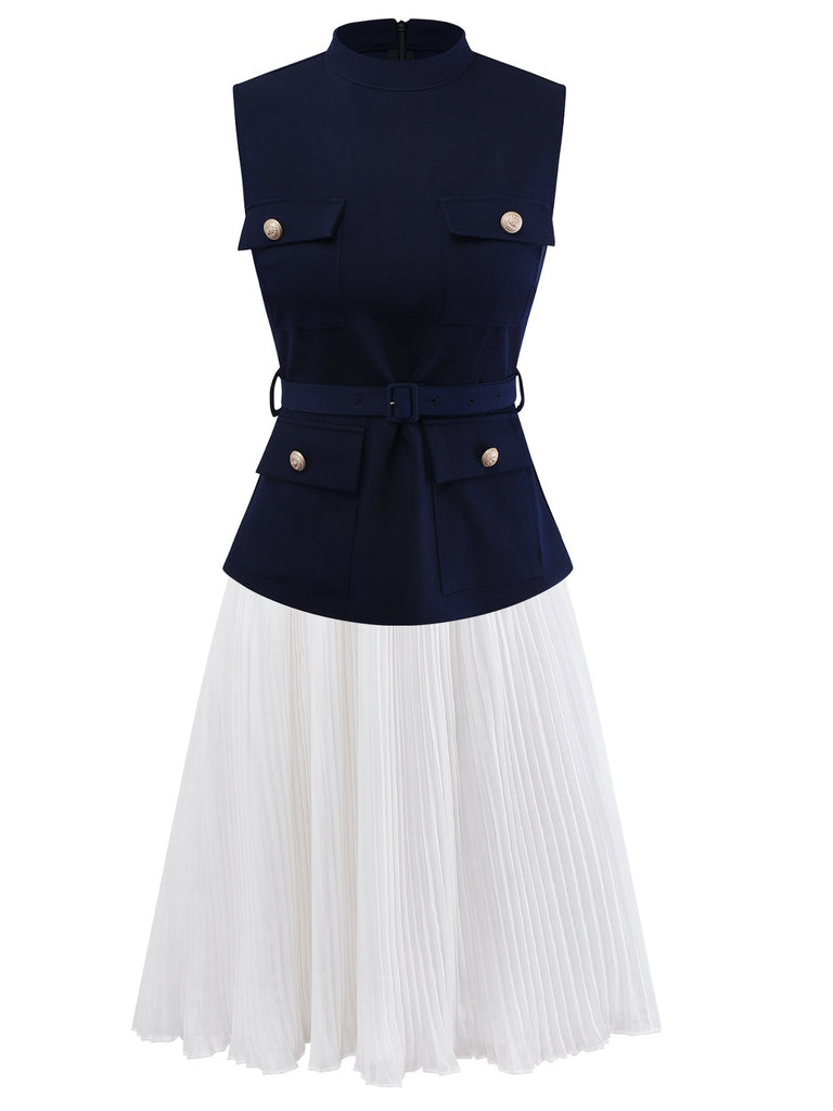 [Pre-Sale] 2PCS Blue & White 1950s Multi-Pocket Top & Pleated Skirt