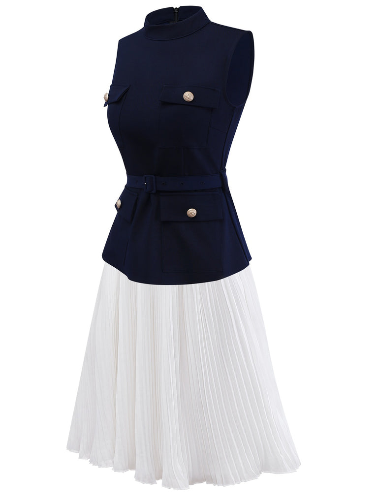 [Pre-Sale] 2PCS Blue & White 1950s Multi-Pocket Top & Pleated Skirt