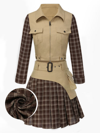 [Pre-Sale] 2PCS Khaki & Brown 1960s Plaid Patchwork Jacket & Pleated Skirt