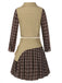 [Pre-Sale] 2PCS Khaki & Brown 1960s Plaid Patchwork Jacket & Pleated Skirt