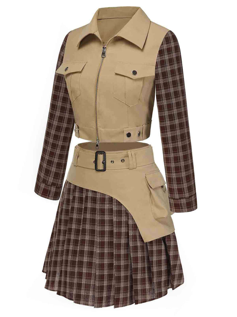 [Pre-Sale] 2PCS Khaki & Brown 1960s Plaid Patchwork Jacket & Pleated Skirt