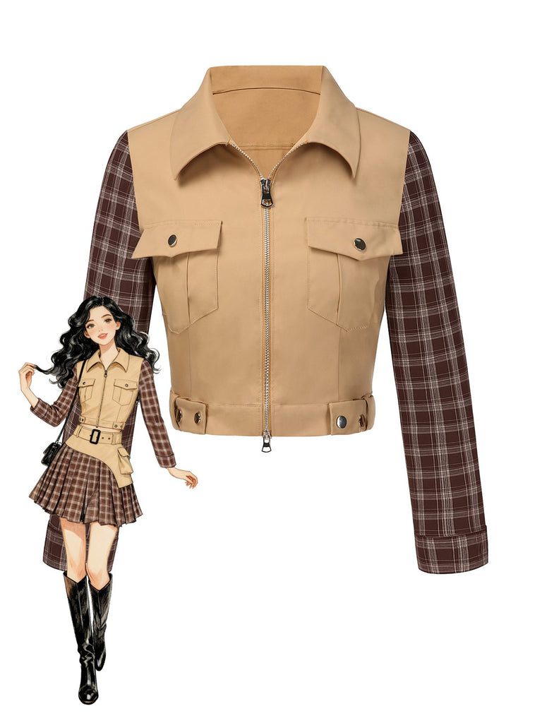 [Pre-Sale] Khaki 1960s Lapel Tartan Plaids Zipper Jacket