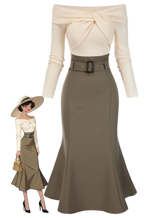 [Pre-Sale] Khaki 1930s Off Shoulder Knit Belt Mermaid Dress