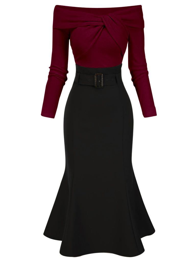 Khaki 1930s Off Shoulder Knit Belt Mermaid Dress