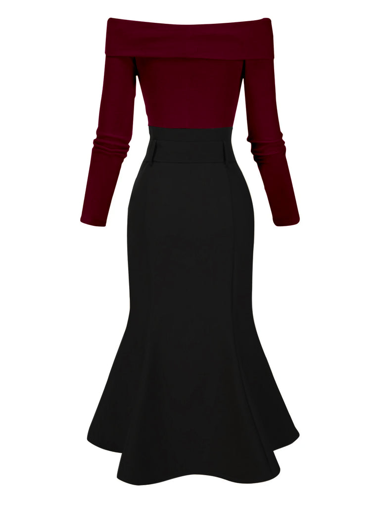 Khaki 1930s Off Shoulder Knit Belt Mermaid Dress