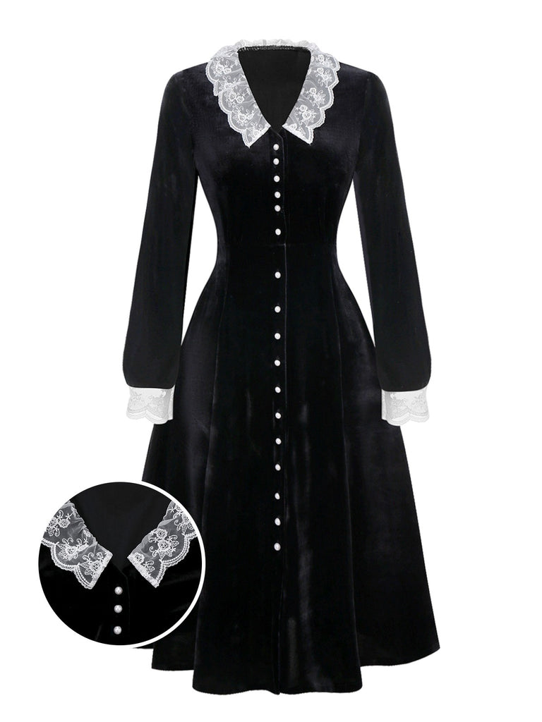 [Pre-Sale] Black 1940s Lace Lapel V-Neck Velvet Dress