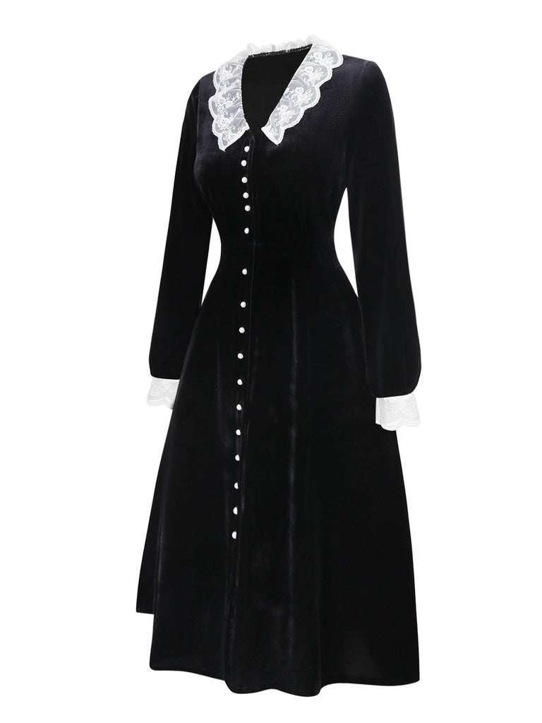 [Pre-Sale] Black 1940s Lace Lapel V-Neck Velvet Dress