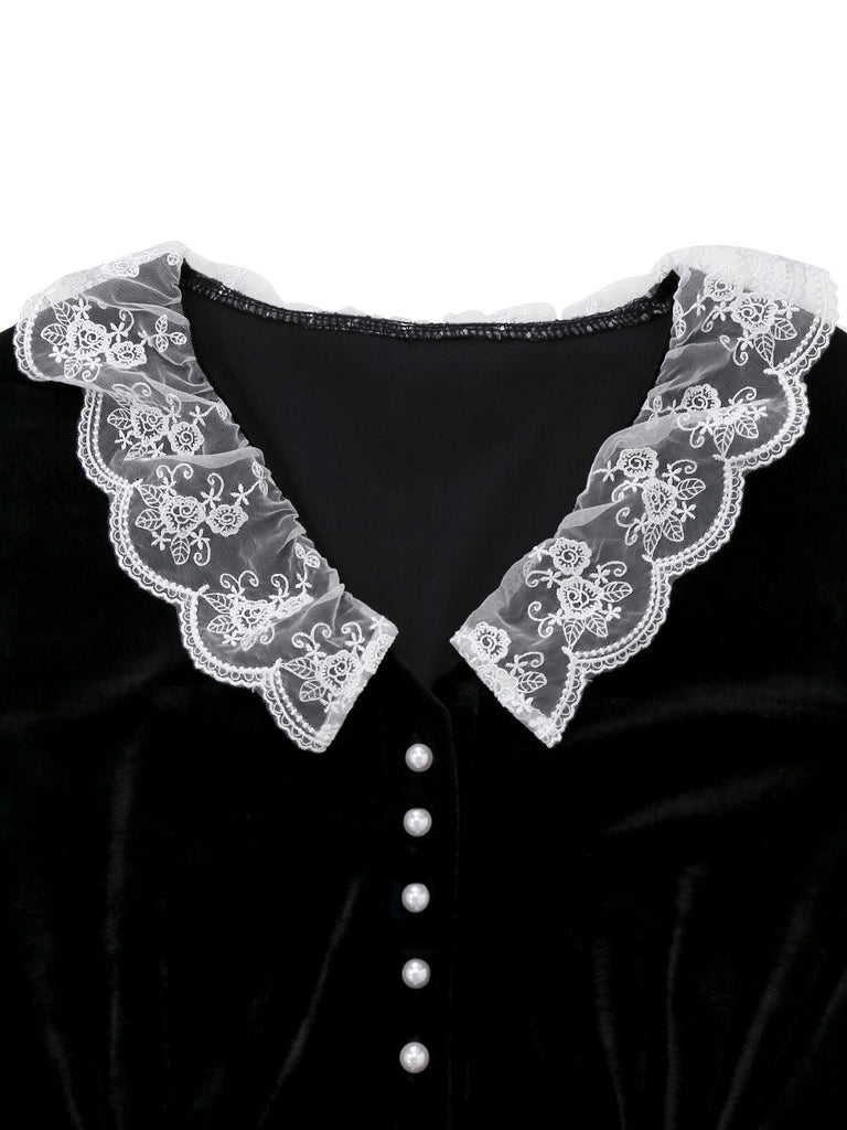 [Pre-Sale] Black 1940s Lace Lapel V-Neck Velvet Dress