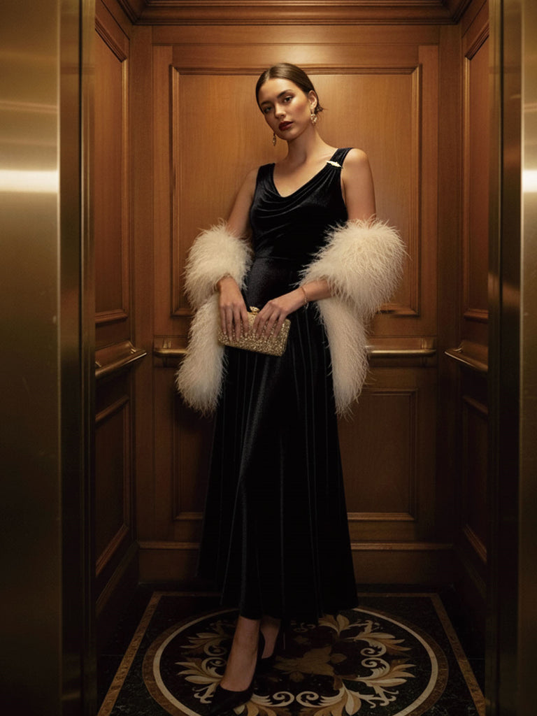 [Pre-Sale] Black 1930s Velvet Cowl Neck Feather Brooch Dress