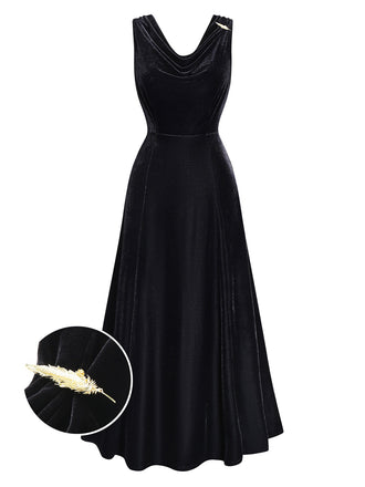 [Pre-Sale] Black 1930s Velvet Cowl Neck Feather Brooch Dress