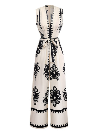 Beige 1970s Deep V-Neck Ethnic Print Jumpsuit